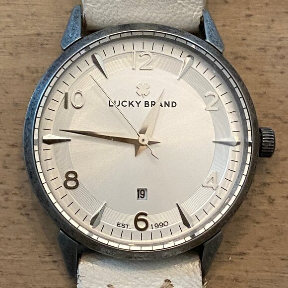 Lucky Brand White leather watch with antique steel finish and embroidered band - Picture 1 of 7